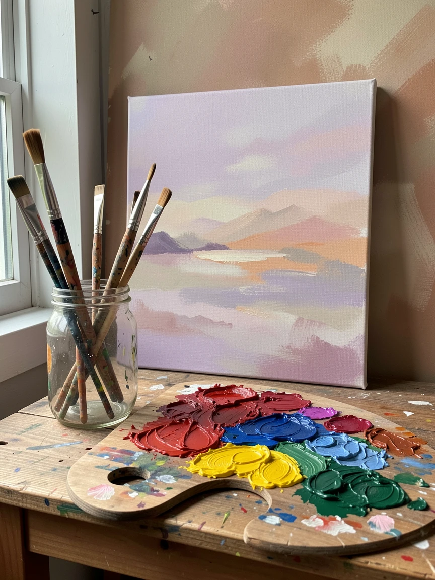 A wooden artist's palette holds swirls of vibrant colors beside a jar of brushes and a half-finished canvas propped against a studio wall, with the crisp, still air carrying only the faintest sounds of distant birdsong.