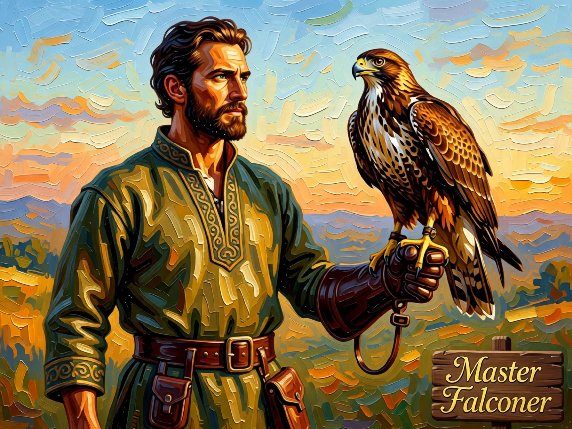 a falconer with a majestic hawk perched calmly on his gloved arm