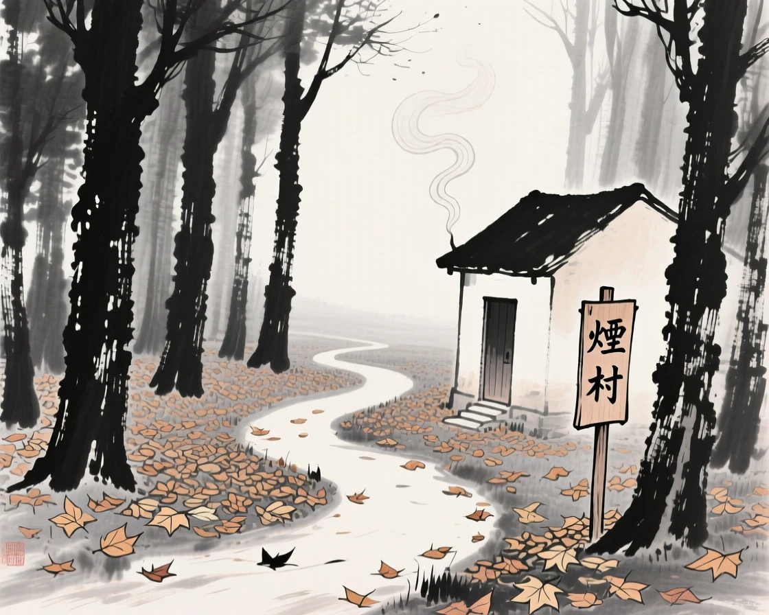 A quiet path winds through a forest carpeted with fallen leaves, with smoke rising gently from a nearby farmhouse.