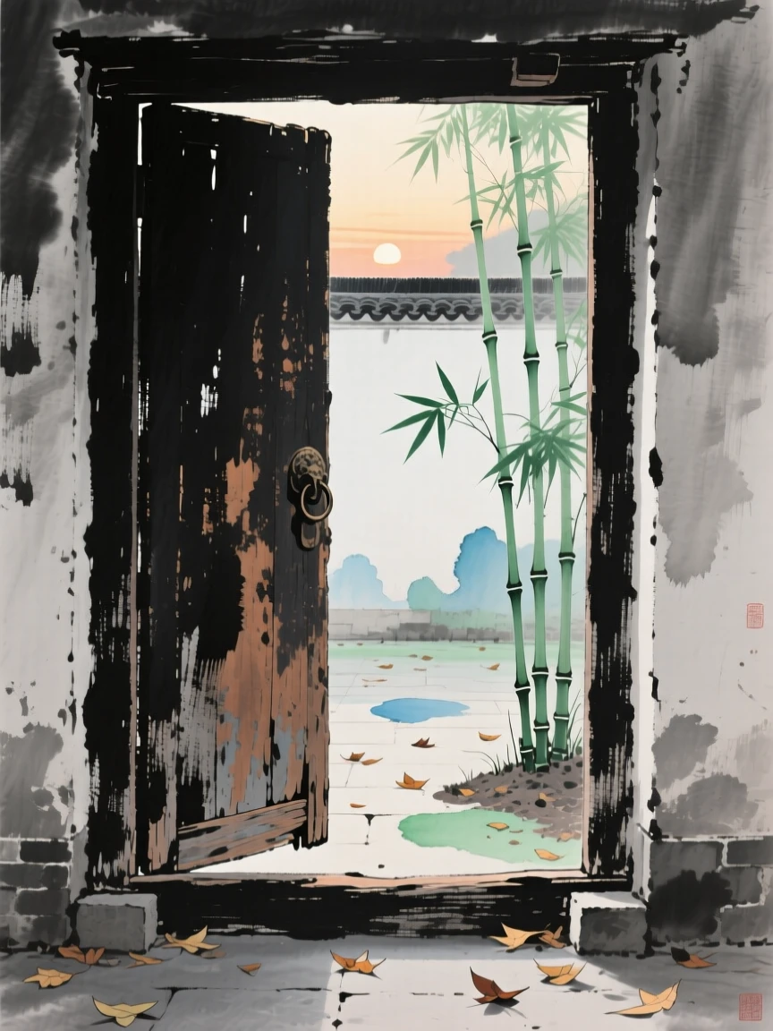 An old wooden door left ajar onto a courtyard of fallen leaves, in the quiet hour before sunrise, as new bamboo shoots break through the soil.