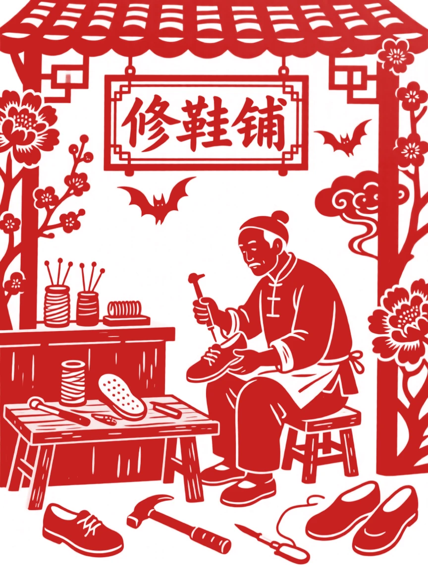 A cobbler repairing shoes at a small roadside stall, tools spread neatly across a wooden bench