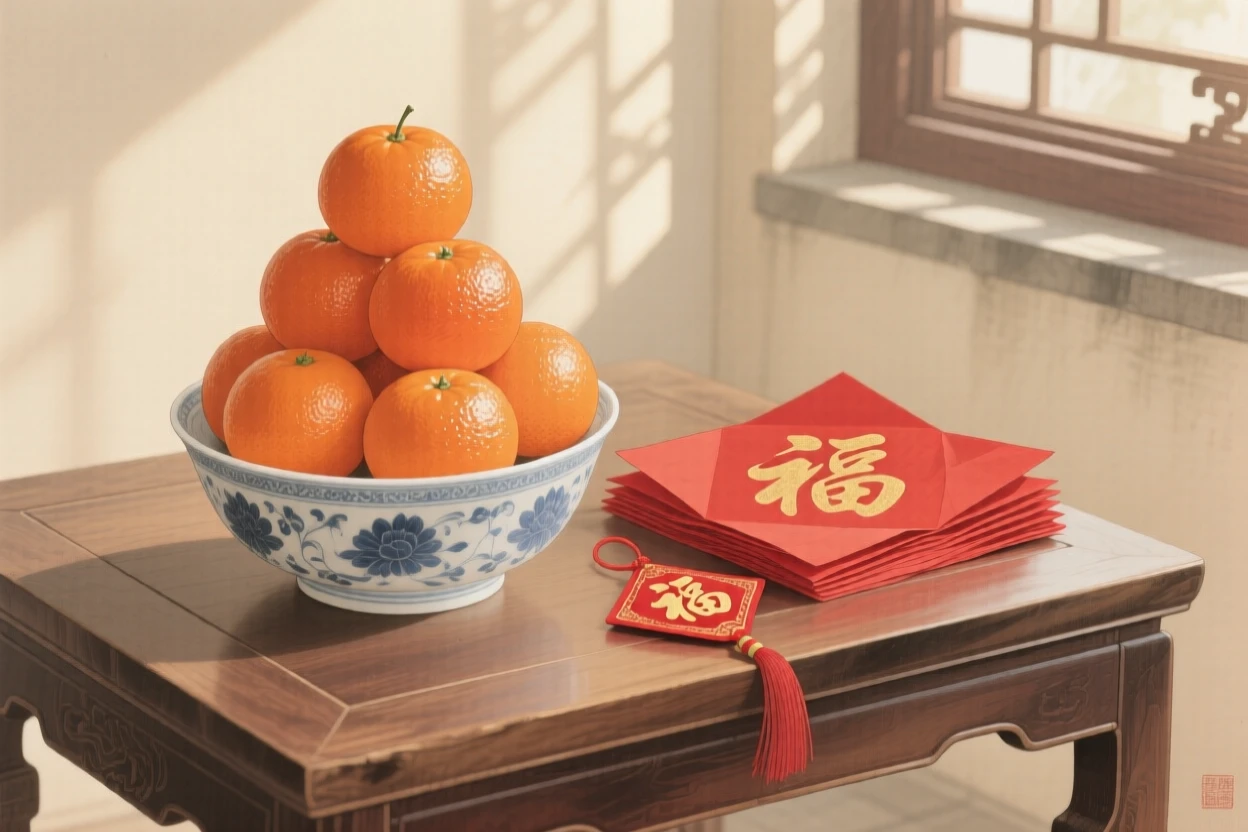 A bowl of oranges stacked beside red paper decorations on a low table in a sunlit room