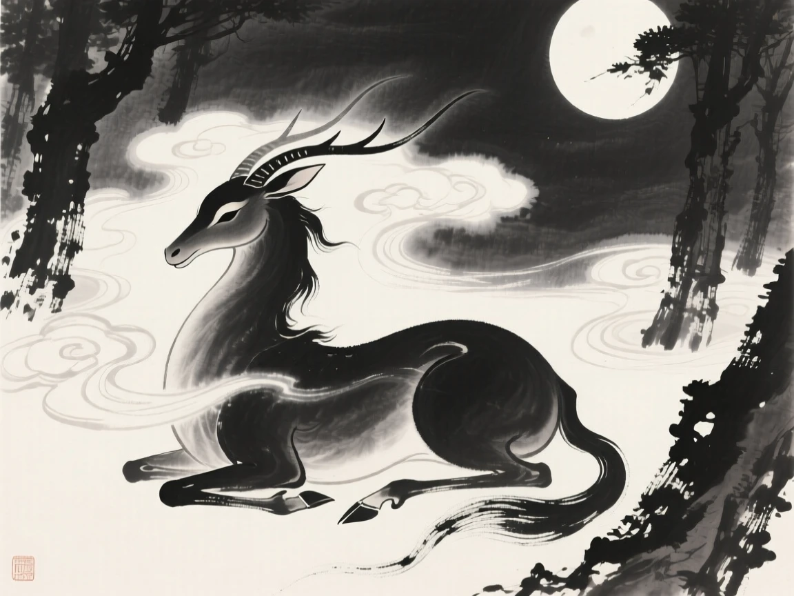 A mythical qilin resting in a moonlit grove within a swirl of luminous cloud, captured mid-motion with flowing, graceful lines, suggesting ancient legend brought gently to life.