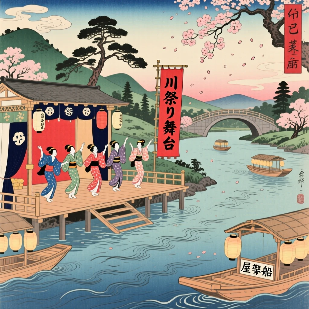 A river boat festival performing an energetic routine on a raised stage.