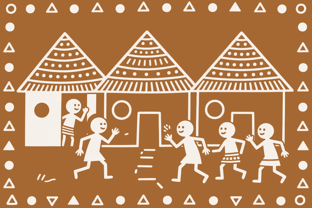 A group of children playing hide and seek behind a row of huts.