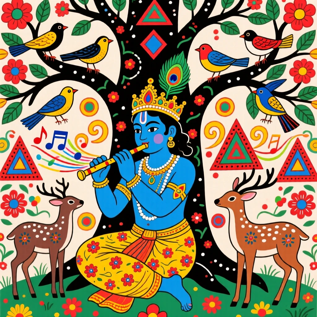 A young Krishna charming birds and deer with the sound of his flute.