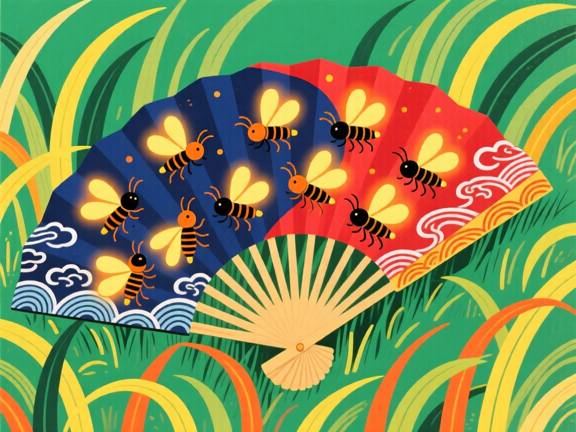 A cluster of fireflies resting on an open fan left in the grass.