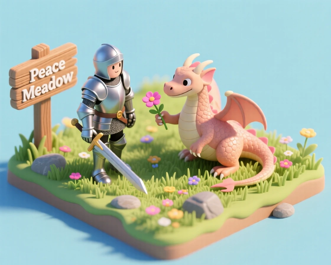 A brave knight facing a friendly dragon in a sunlit meadow, the dragon offering a flower instead of breathing fire.