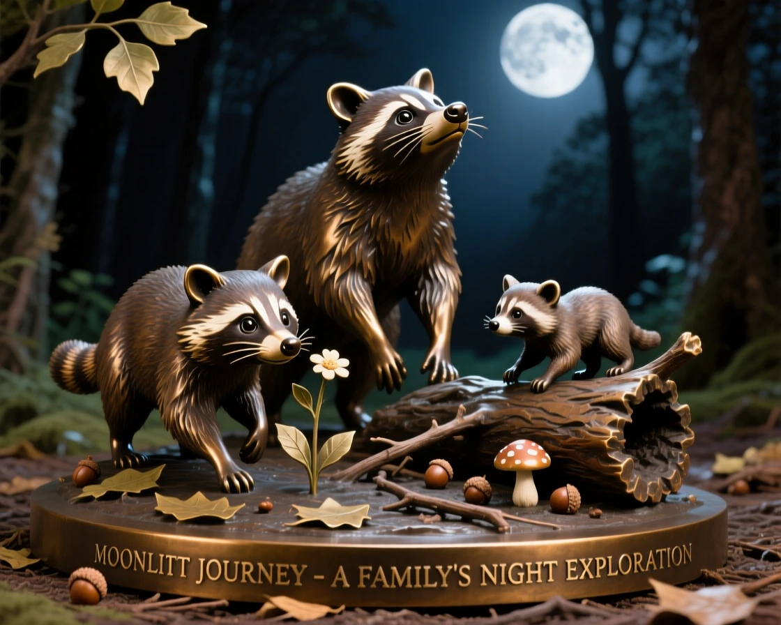 A family of raccoons exploring a moonlit forest floor, rendered with rich, dynamic energy, evoking wonder and majesty