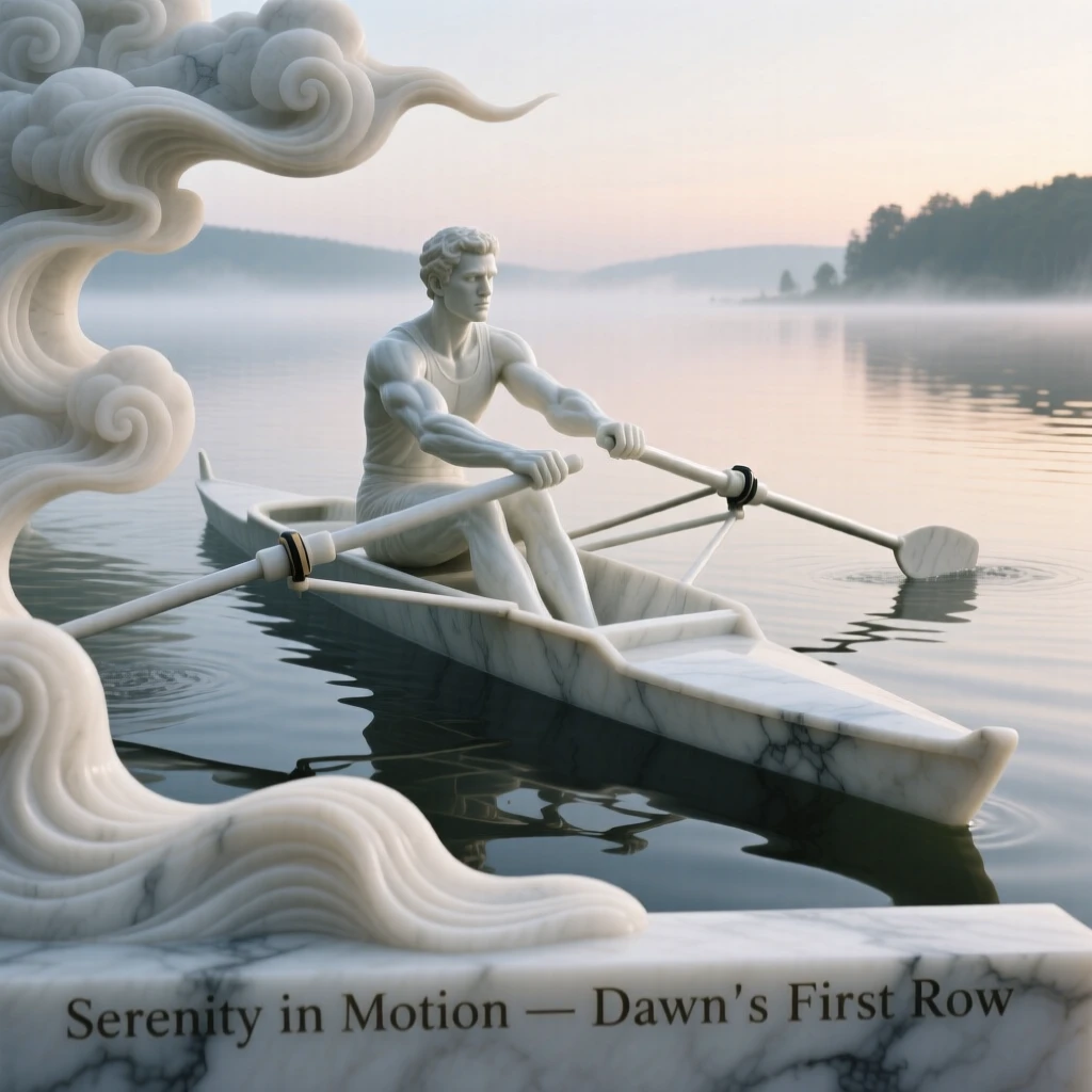An evocative depiction of a rower gliding across a still lake at dawn, amid swirling clouds and mist, balancing detail with emotional depth