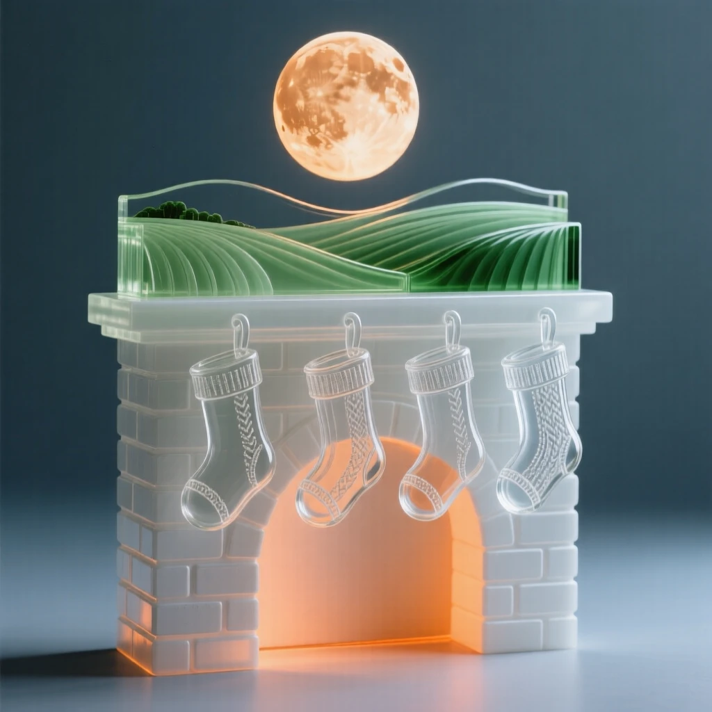 A chimney with stockings hung carefully in a row, beneath a harvest moon rising over the fields