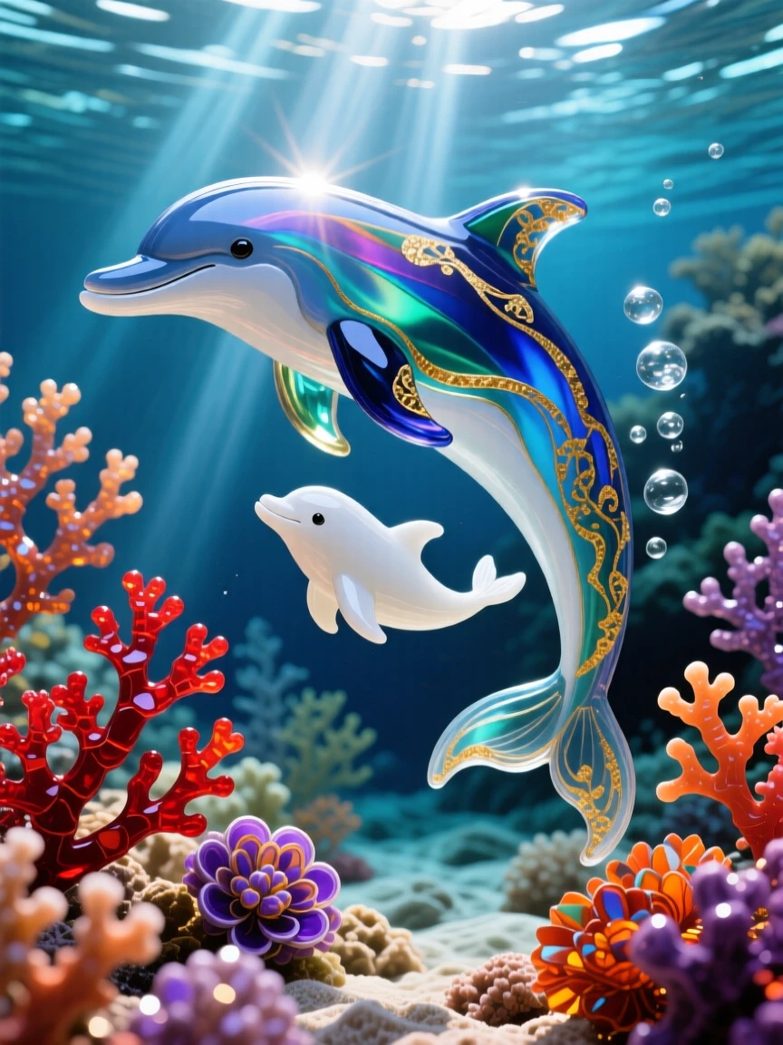 A mother dolphin and calf swimming together through a sunbeam-lit reef, tender and joyful.
