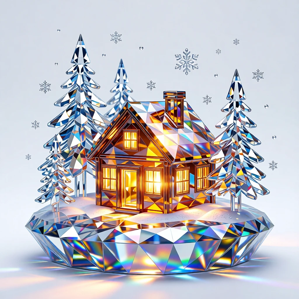 A winter wonderland scene with a cozy cabin glowing warmly amid falling snow.