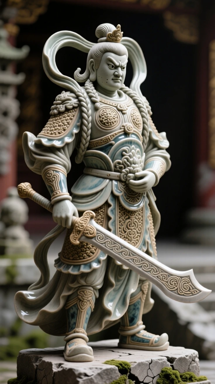 A temple guardian statue standing watch standing in a commanding, timeless pose, adorned with intricate traditional patterns, capturing the weight of history in a single gaze.