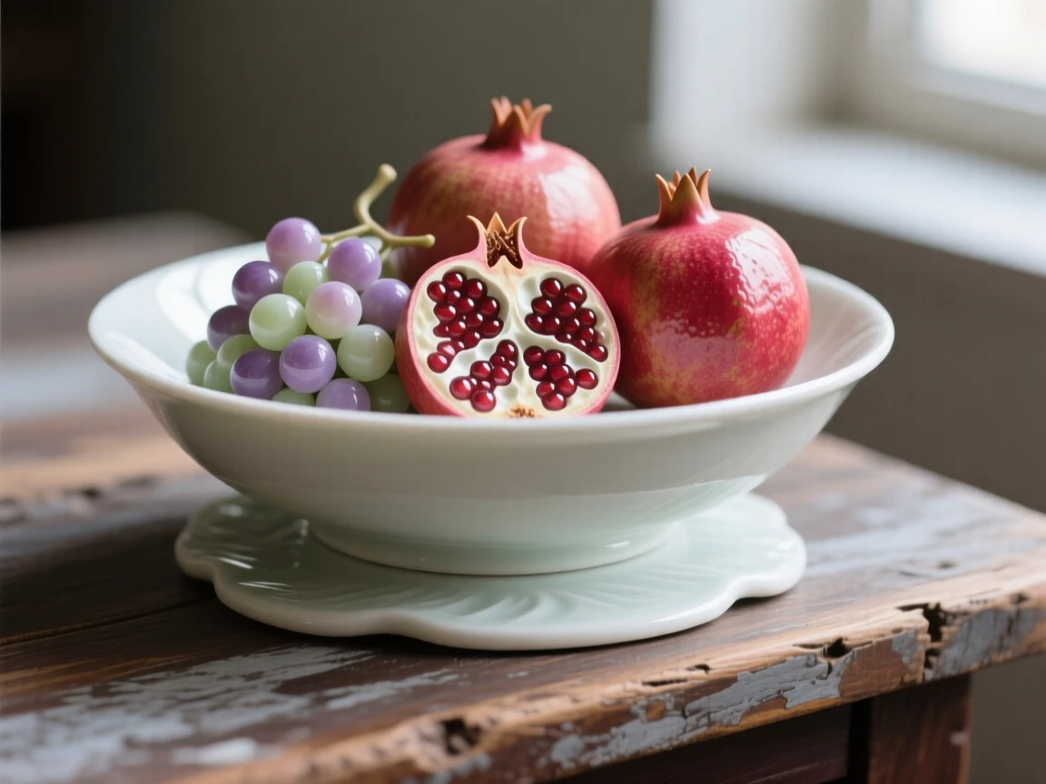 A refined still-life arrangement of a bowl of pomegranates and grapes on a weathered wooden table, soft window light falling across the scene.