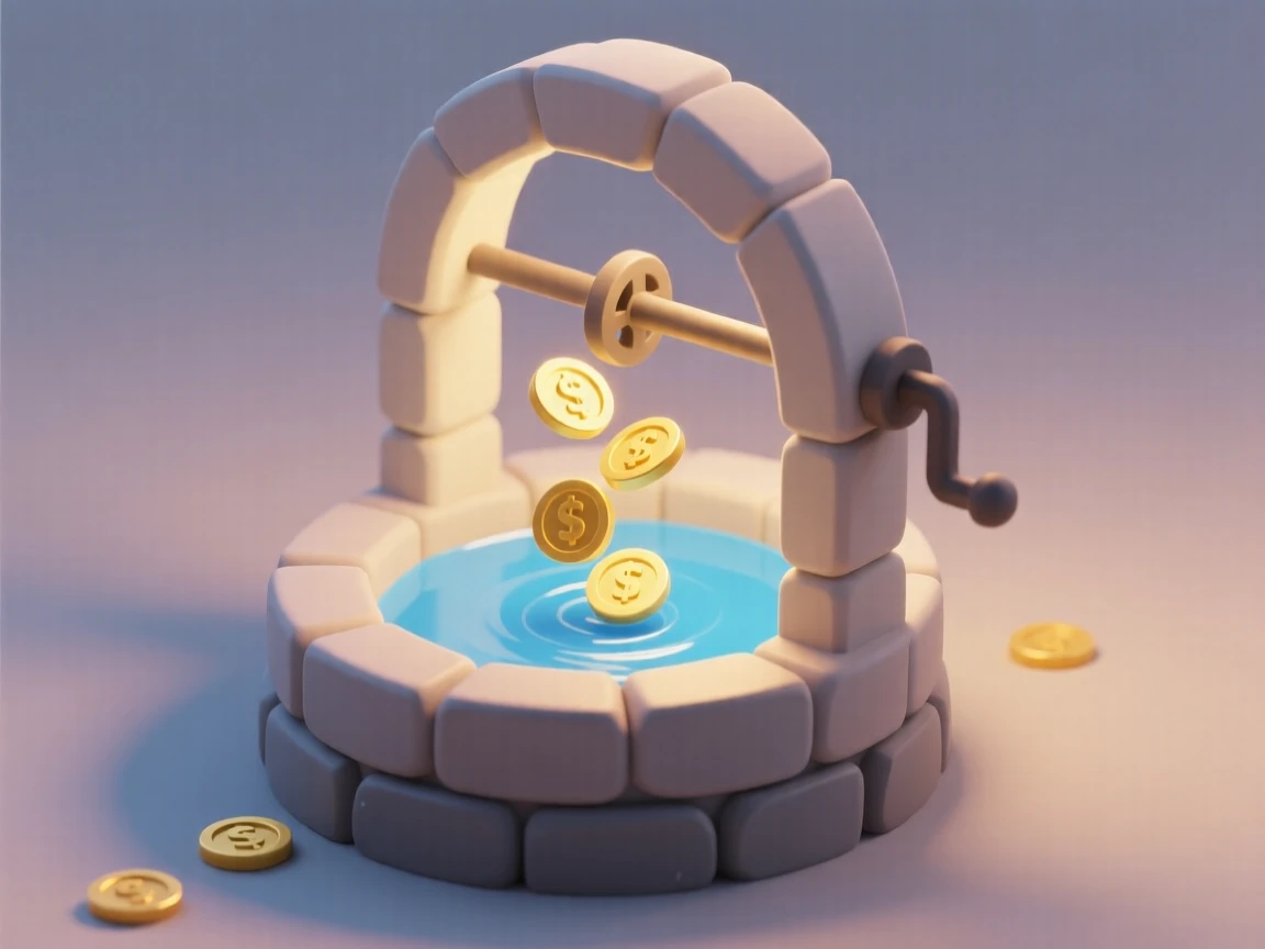 A magical wishing well glows softly as golden coins spiral down into shimmering blue water.