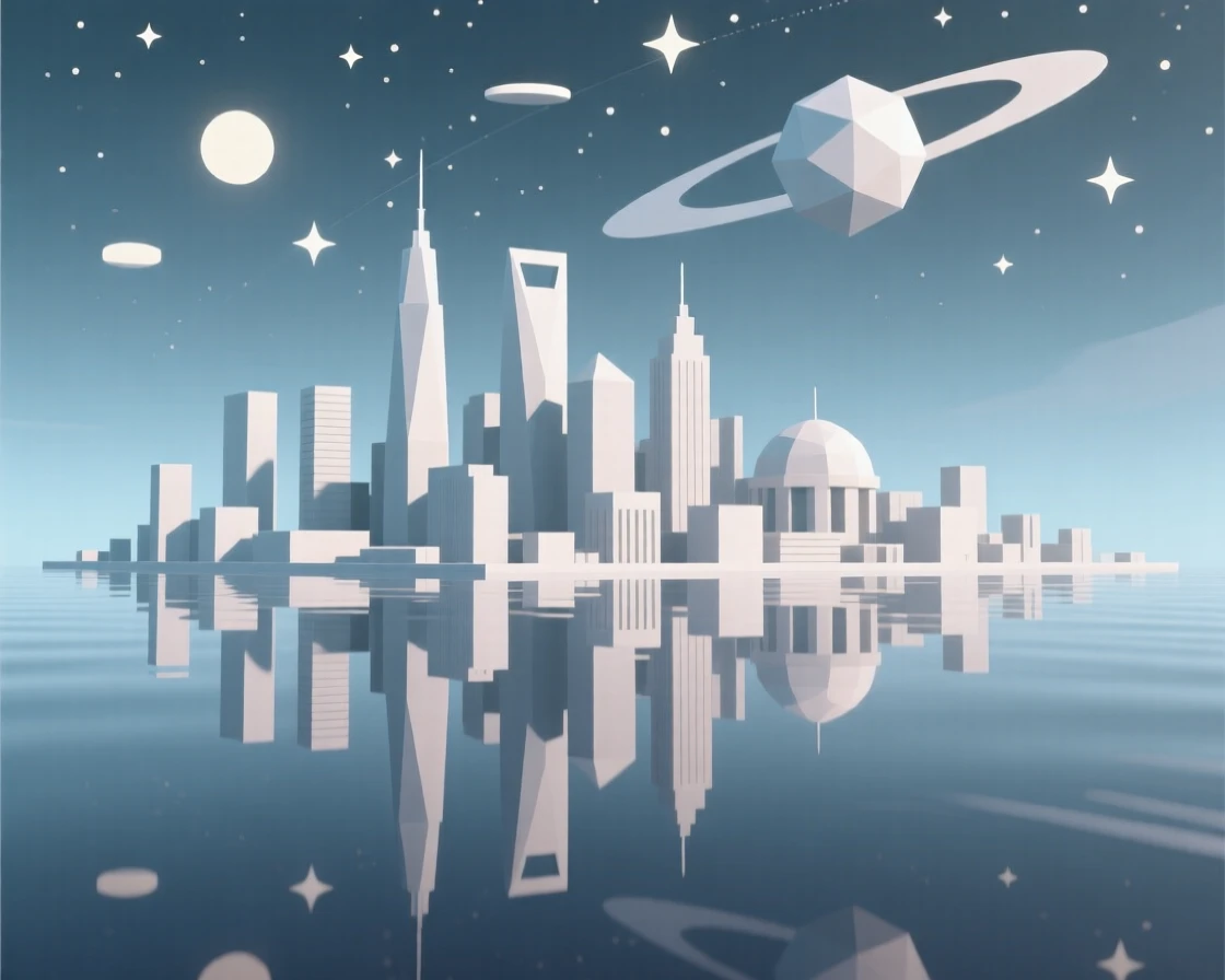 A city skyline reflected upside down in still water, beneath the soft glow of distant galaxies. the composition uses a wide, immersive perspective. There is a dreamlike, otherworldly quality to the moment.