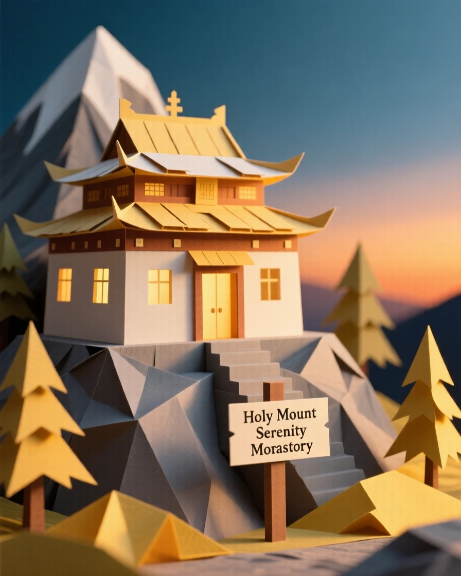 A serene mountaintop monastery bathed in golden late-afternoon light, with fine architectural symmetry drawing the eye, evoking quiet historic charm.