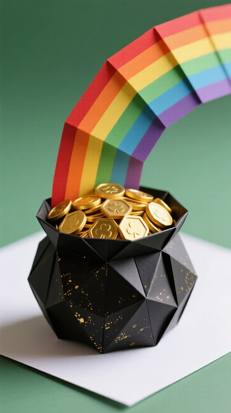 A St. Patrick's Day scene with a pot of gold at the end of a vibrant rainbow.