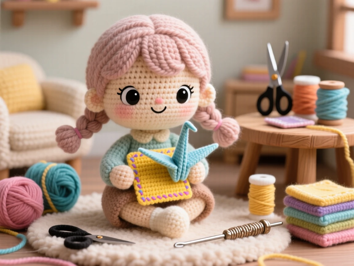 a little girl learning origami, with a small square of colored paper, folding a careful paper crane, in a cozy craft room filled with supplies, with a favorite well-worn tool resting close by, radiating focused determination and quiet pride.