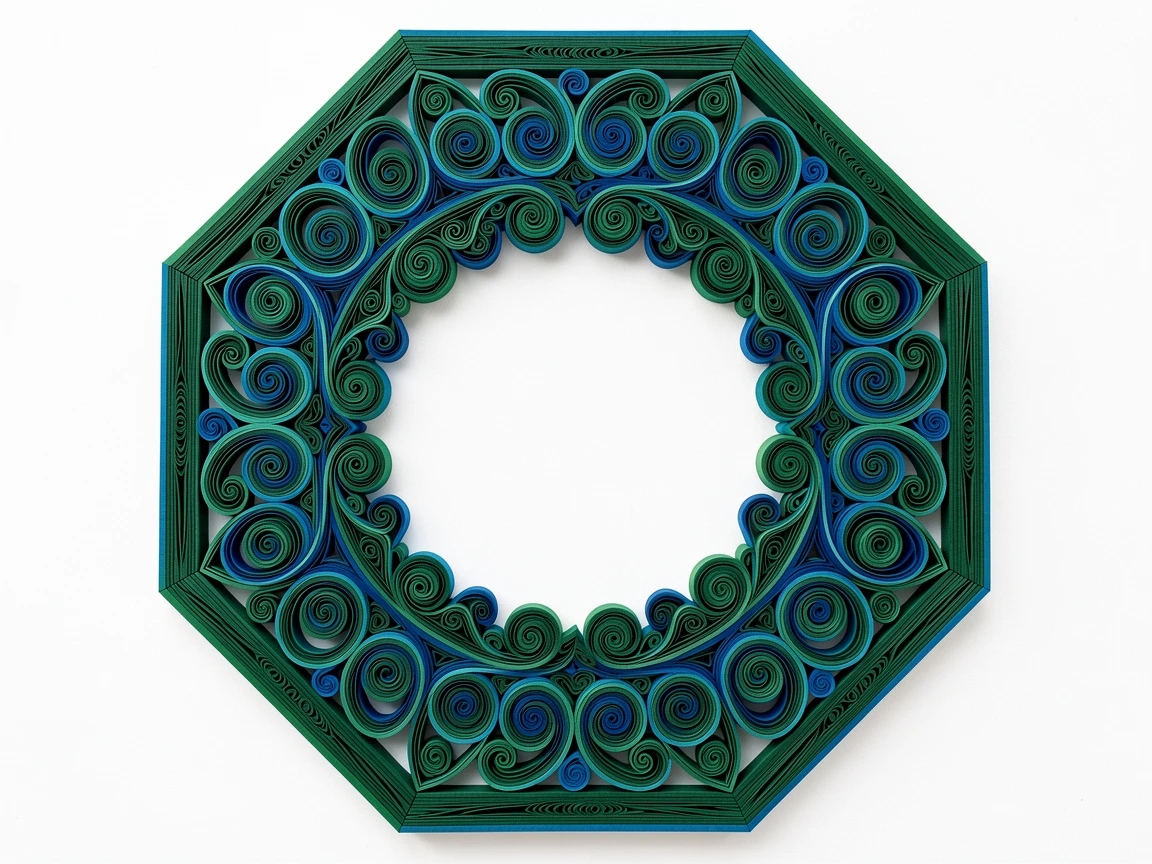 an intricate filigree wreath framing empty center space, presented within a hexagonal frame, with perfect radial symmetry from the center outward, in a palette of jewel-toned emerald and sapphire.