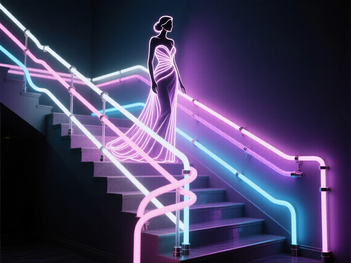 An elegant woman in a flowing gown standing at the top of a grand staircase.
