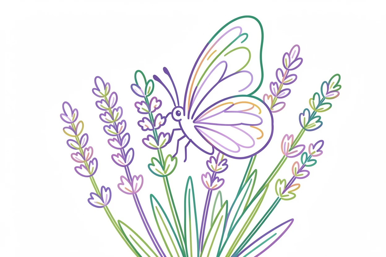 A close-up of a butterfly resting on a cluster of purple lavender.