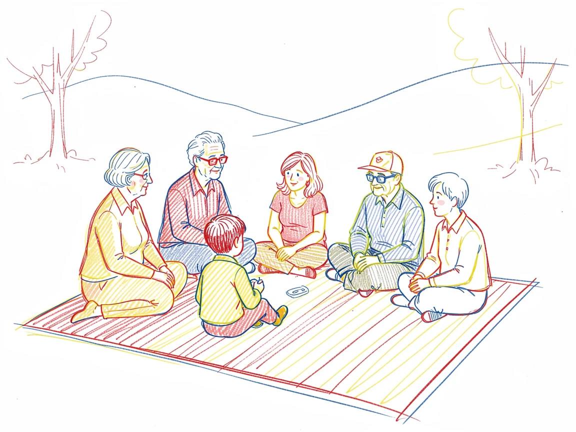 A quiet family reunion picnic with three generations gathered together