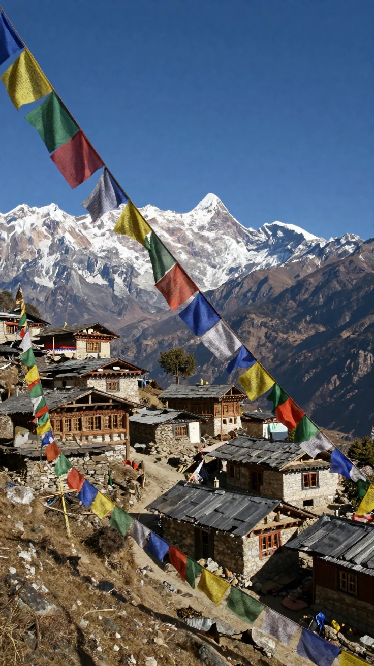 A Nepali mountain village with prayer flags fluttering in the wind
