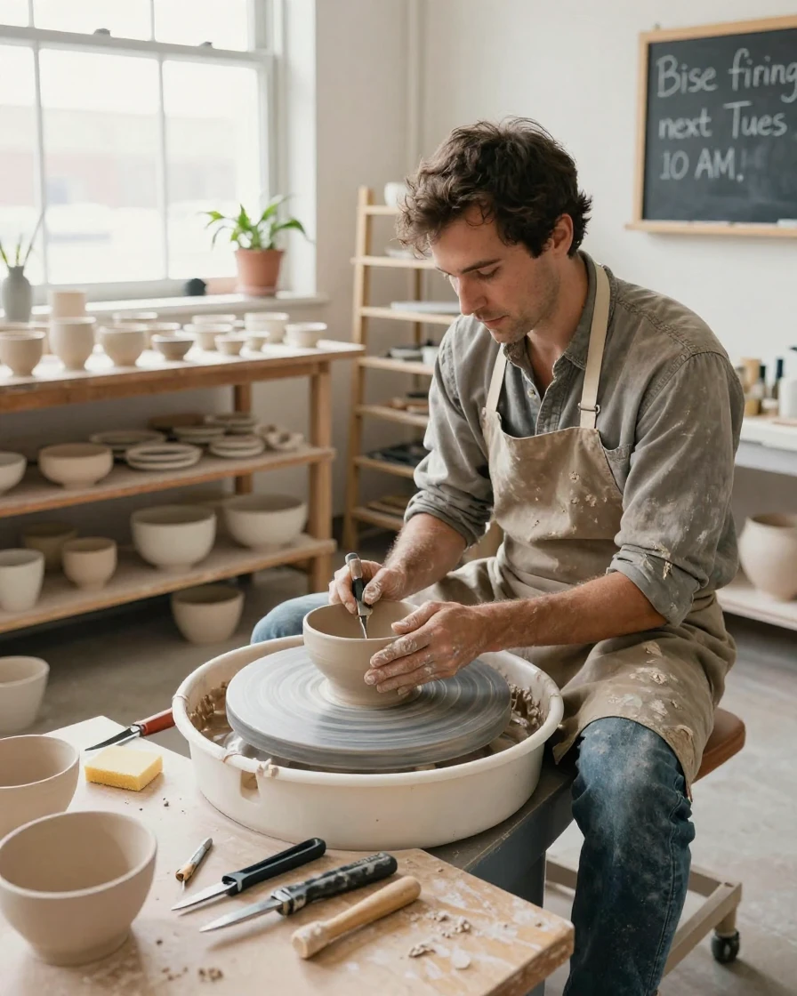 A ceramic studio potter trims the base of a bowl on a spinning wheel.