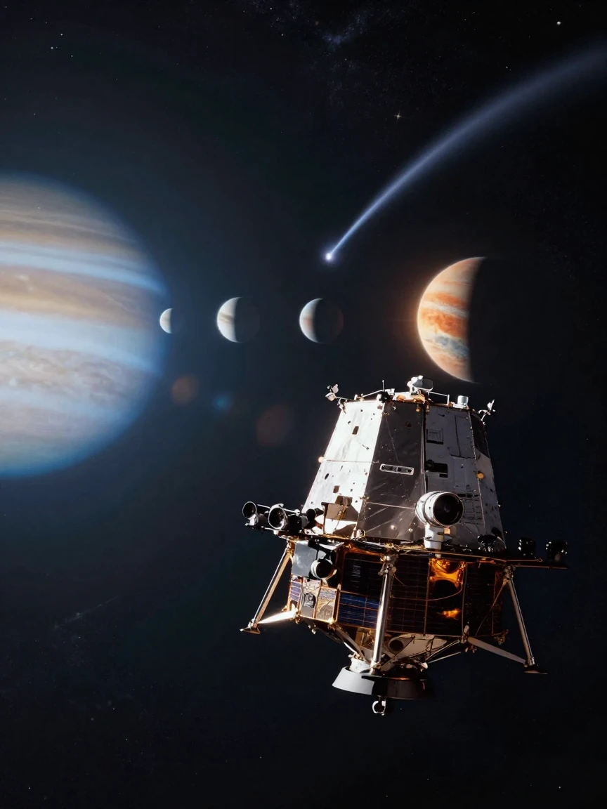 A deep space probe observing a rare celestial alignment at the edge of the solar system