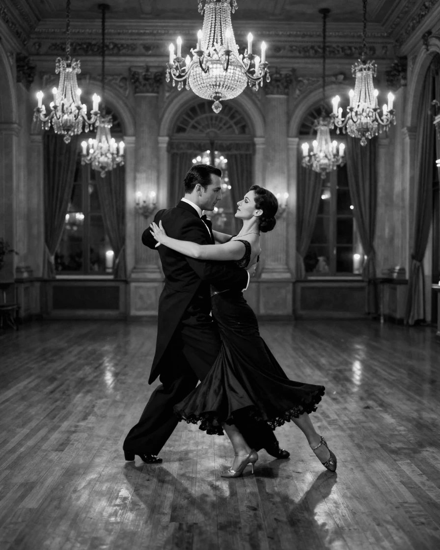 A tango couple glides across a candlelit floor in an old ballroom.