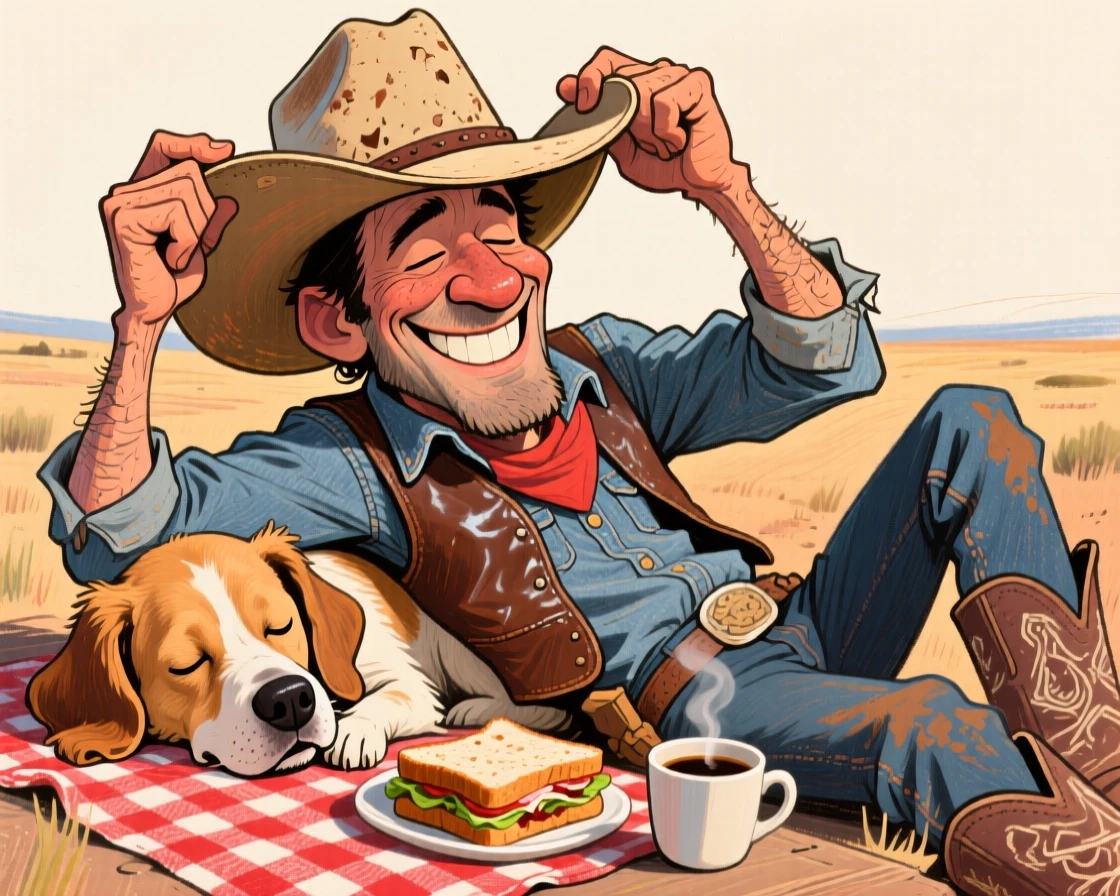 A cowboy resting his hat over his sleeping dog's face during a lunch break.