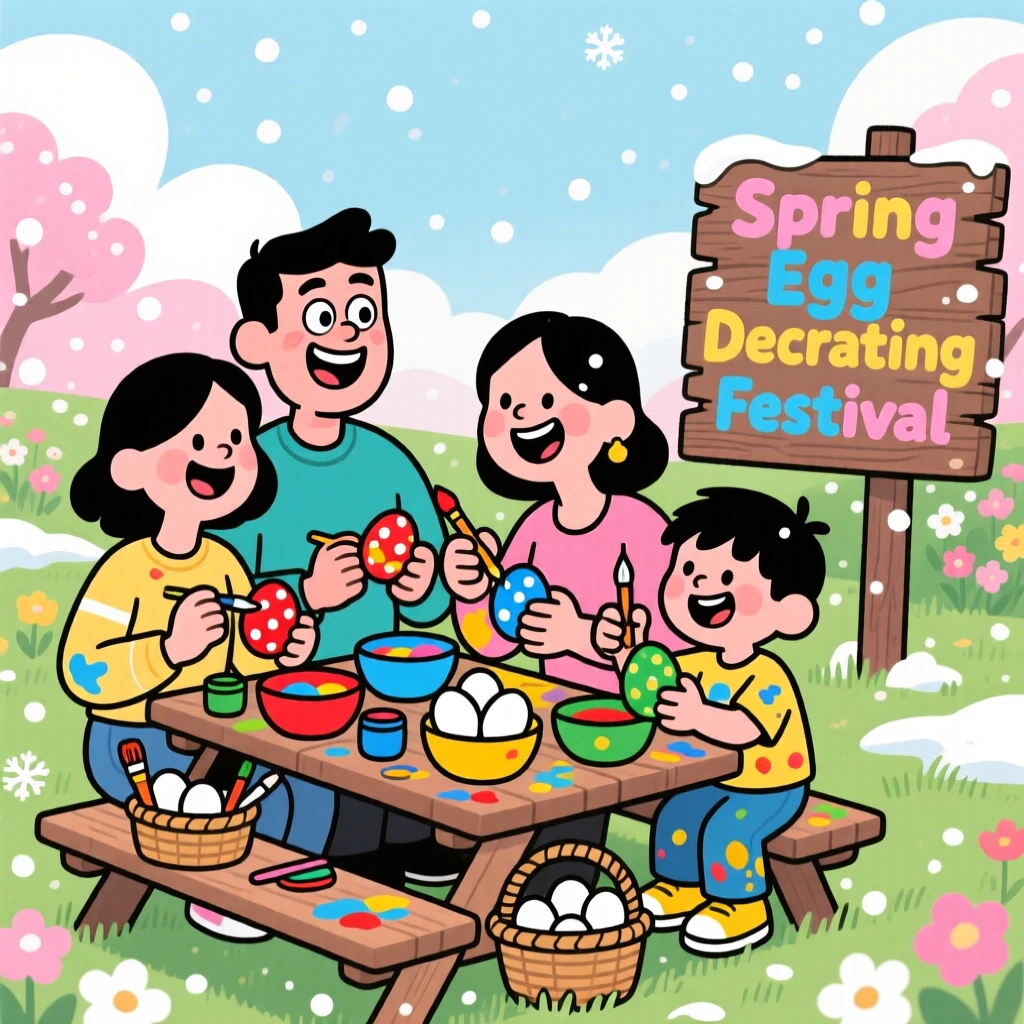 A festive celebration scene of a family decorating eggs together at a spring gathering, as snow gently falls around them.