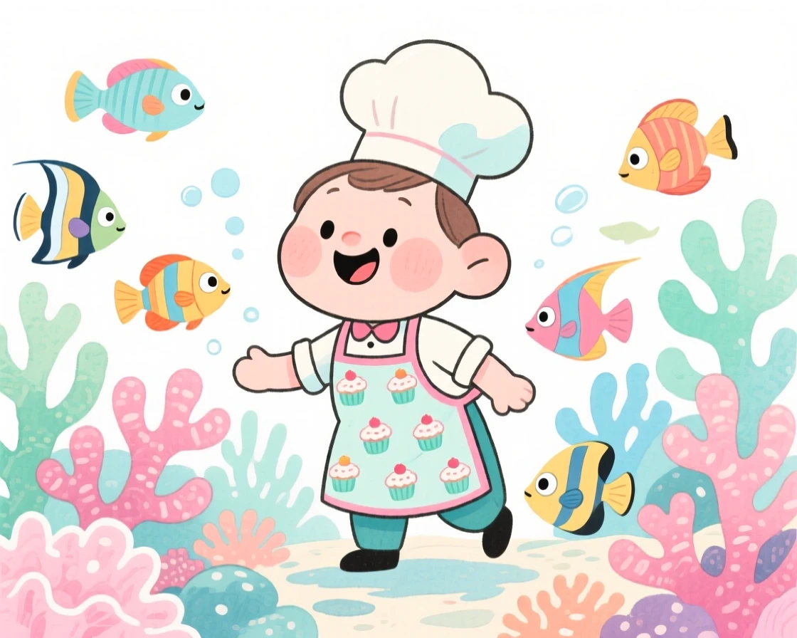 A home baker exploring a coral reef surrounded by fish