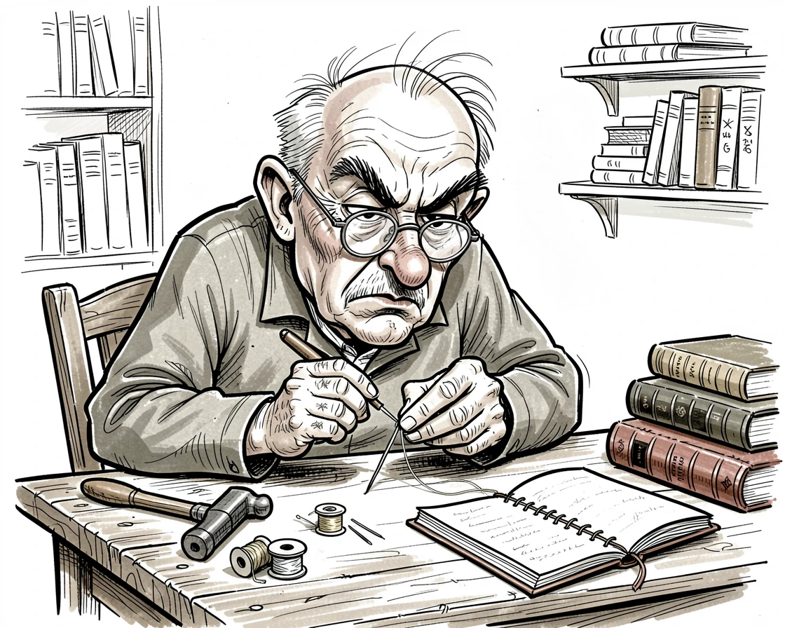 [Occupations & Hobbies] Detailed scene of a seasoned bookbinder perfecting a fine detail, showcasing skill and dedication