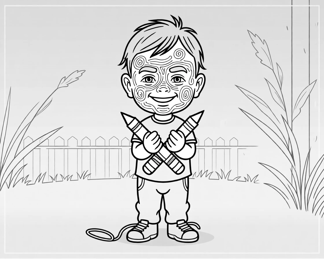 A toddler stubbornly refusing to share one crayon, beaming through a face completely covered in frosting, set in a backyard at dusk. A shoelace trails untied and forgotten. The image radiates the carefree magic of being young.