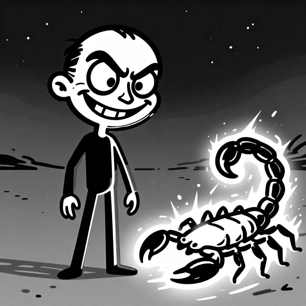 A Scorpio archetype: a mysterious figure standing beside a glowing scorpion under a deep purple night sky.