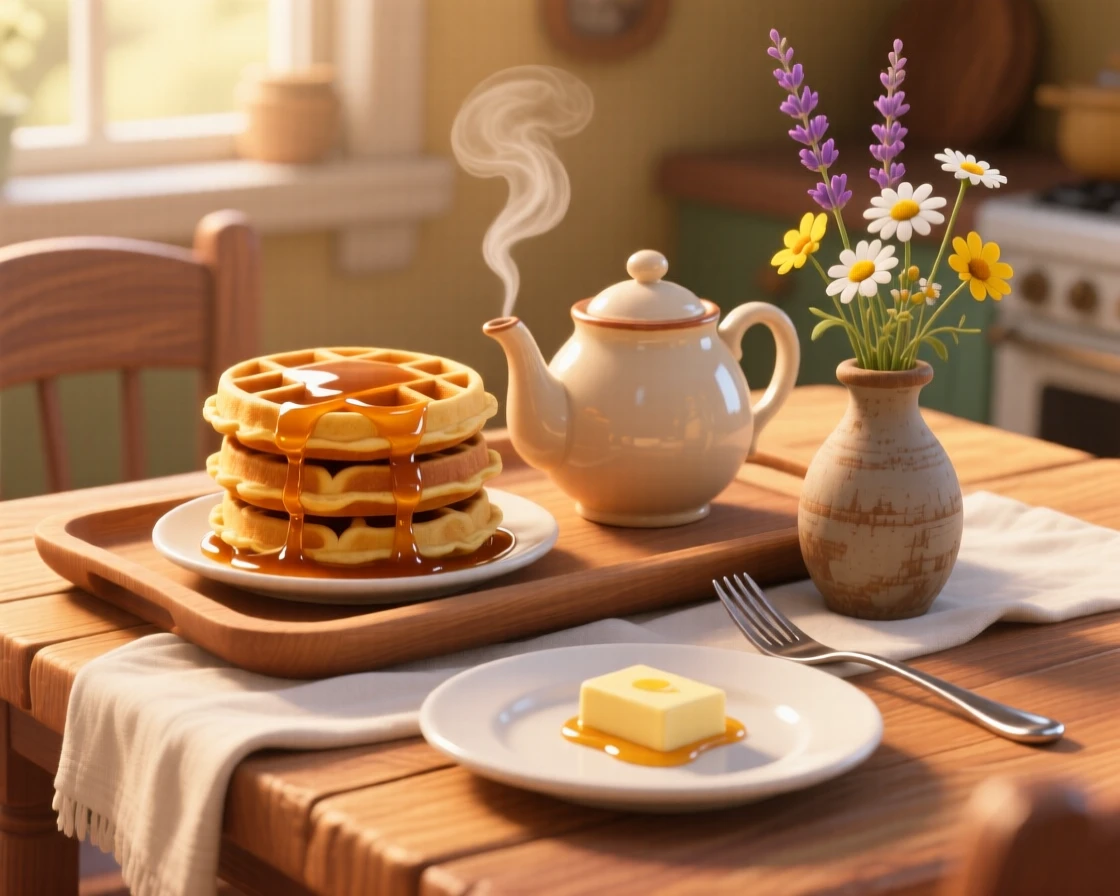 A stack of fluffy waffles drizzled with syrup sits on a tray beside a steaming teapot, with a small vase of wildflowers nearby. The mood is festive and appetizing.