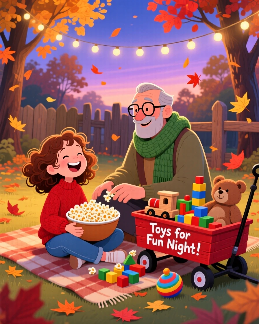 A girl with a wagon full of toys laughs while sharing a big bowl of popcorn during movie night together with his kind uncle, as autumn leaves swirl around them.
