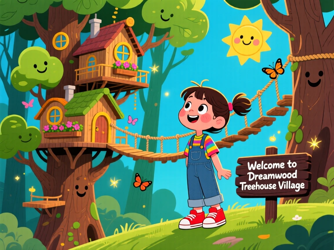 A girl dreaming of a treehouse village connected by rope bridges.