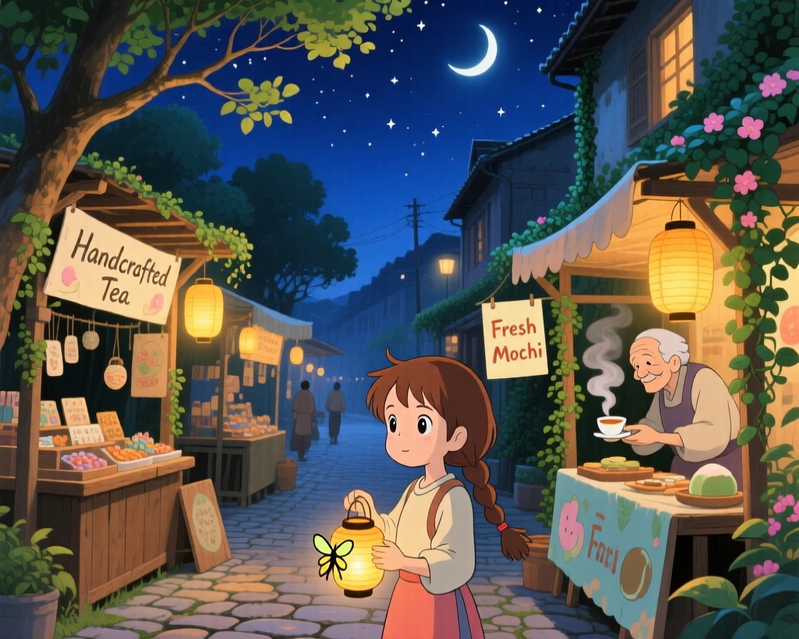 A nighttime scene of a lantern-lit street during a quiet night market, dreamlike beneath the stars.