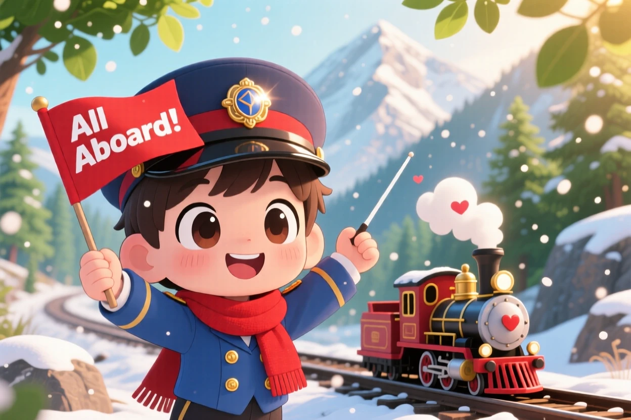 Extreme close-up of a young conductor, waving a flag beside a tiny steam train, in a scenic mountain railway, amid softly falling snow, illuminated by warm morning light filtering through leaves, radiating delighted joy.