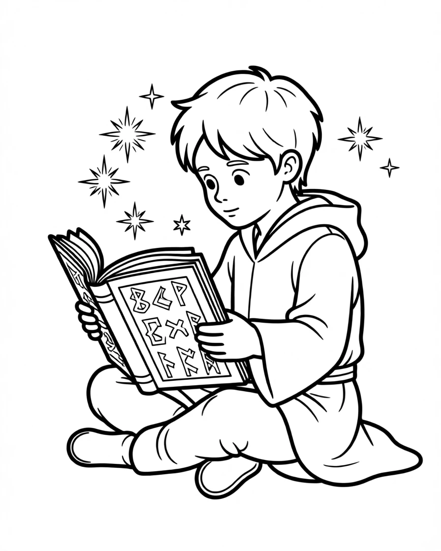A young wizard's apprentice reading a giant spellbook