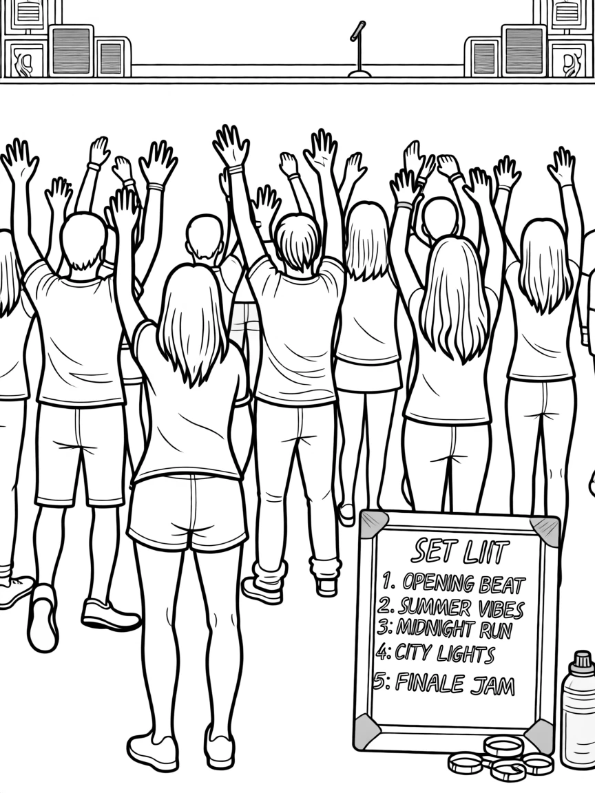 A crowd of silhouettes with raised hands at an outdoor music festival, with a set list taped to the floor nearby.