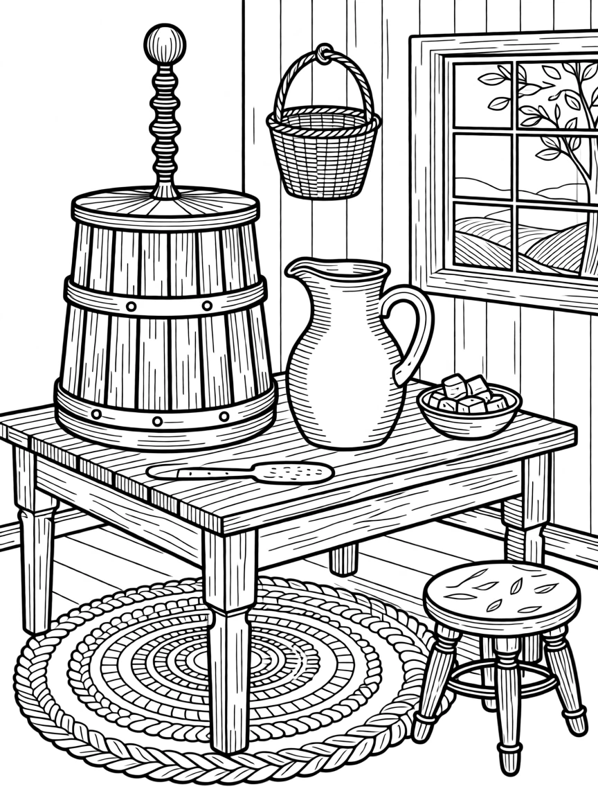 A farmhouse butter-churning scene with a wooden churn and cream jug.