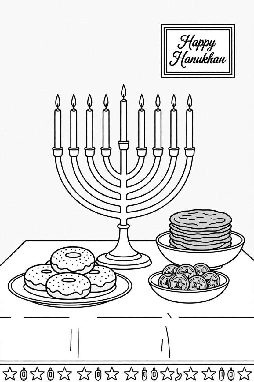 A Hanukkah table with a menorah and traditional foods