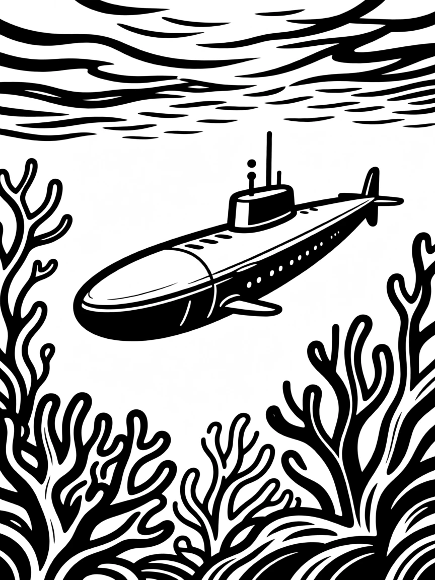 A submarine gliding silently past a coral reef deep underwater.
