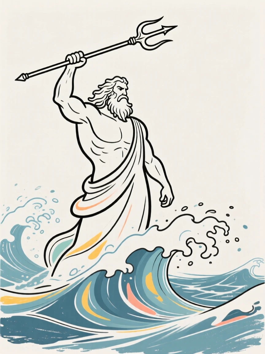 Poseidon rising from stormy seas with his trident held high.