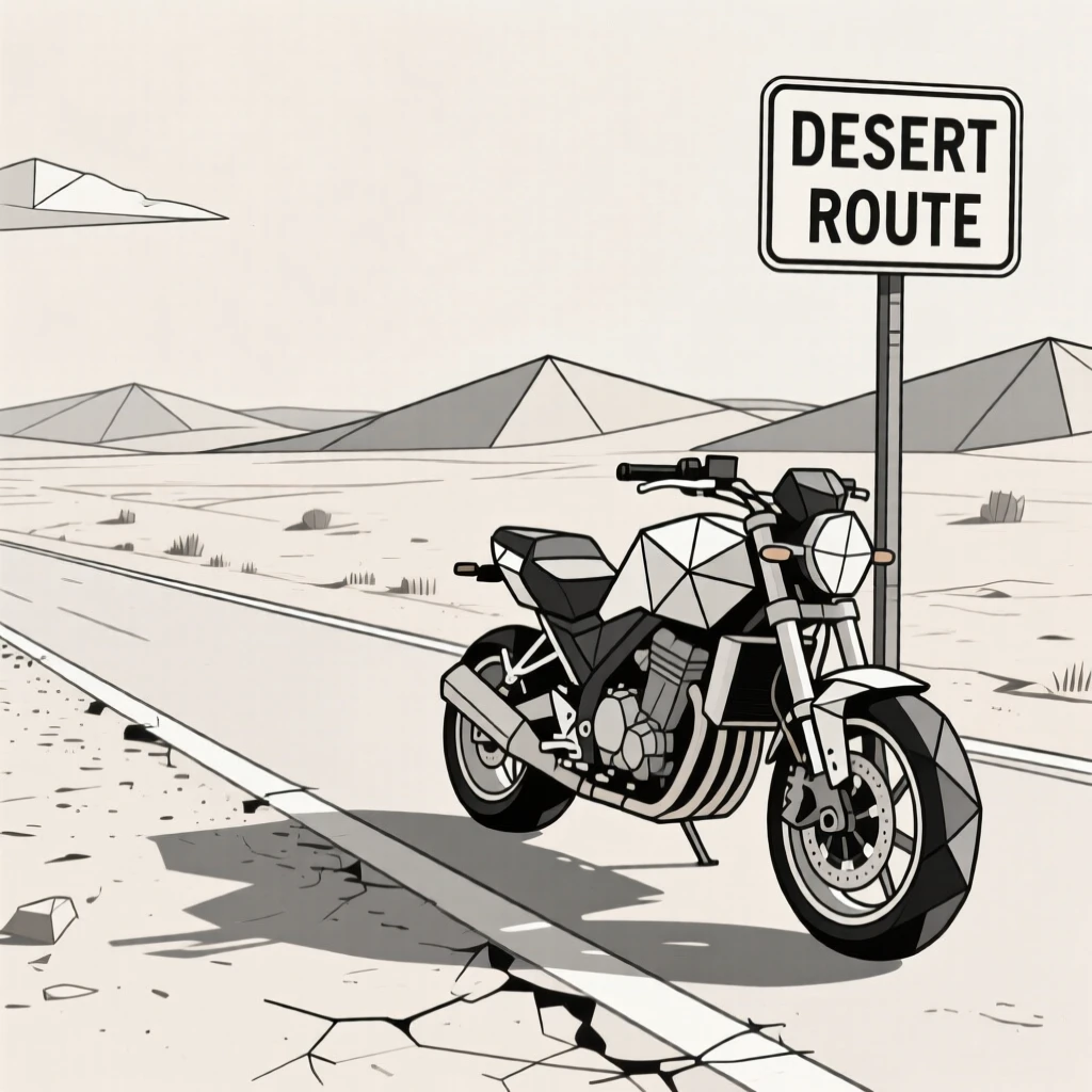 A motorcycle parked beside an open desert road